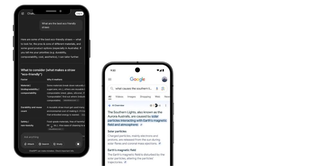 ChatGPT on a black device searching for eco-friendly straws next to Google AI Overviews, looking at a query on southern lights